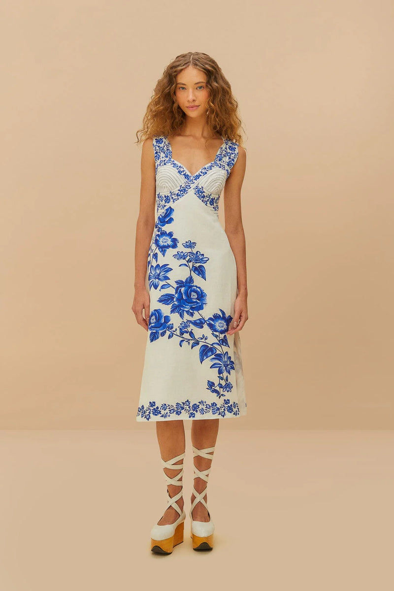 FARM RIO OFF-WHITE FLORAL CASCADE WAVY MIDI DRESS (10165212741937)
