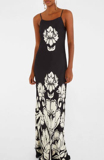 FARM RIO FLORAL ARABESQUE SLIP MAXI DRESS