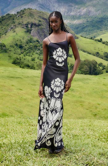 FARM RIO FLORAL ARABESQUE SLIP MAXI DRESS