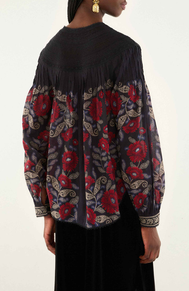 FARM RIO VALENTINA BLACK LONG SLEEVE BLOUSE
