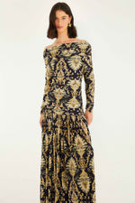 FARM RIO WONDERFUL ARABESQUE NAVY BLUE OFF SHOULDER MAXI DRESS