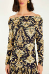 FARM RIO WONDERFUL ARABESQUE NAVY BLUE OFF SHOULDER MAXI DRESS