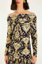 FARM RIO WONDERFUL ARABESQUE NAVY BLUE OFF SHOULDER MAXI DRESS