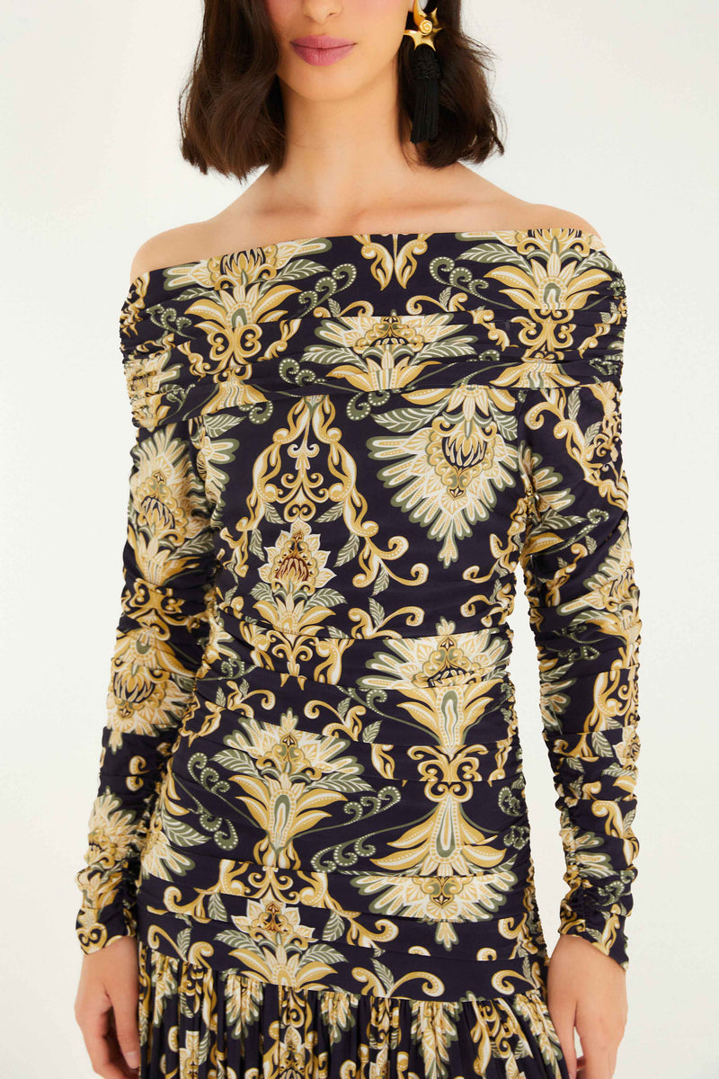 FARM RIO WONDERFUL ARABESQUE NAVY BLUE OFF SHOULDER MAXI DRESS