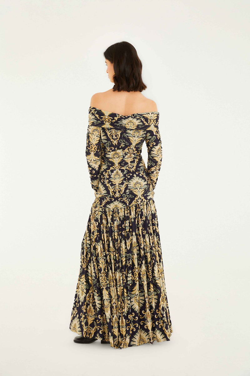 FARM RIO WONDERFUL ARABESQUE NAVY BLUE OFF SHOULDER MAXI DRESS
