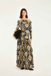 FARM RIO WONDERFUL ARABESQUE NAVY BLUE OFF SHOULDER MAXI DRESS