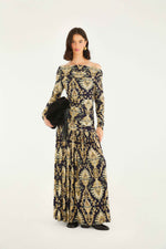 FARM RIO WONDERFUL ARABESQUE NAVY BLUE OFF SHOULDER MAXI DRESS