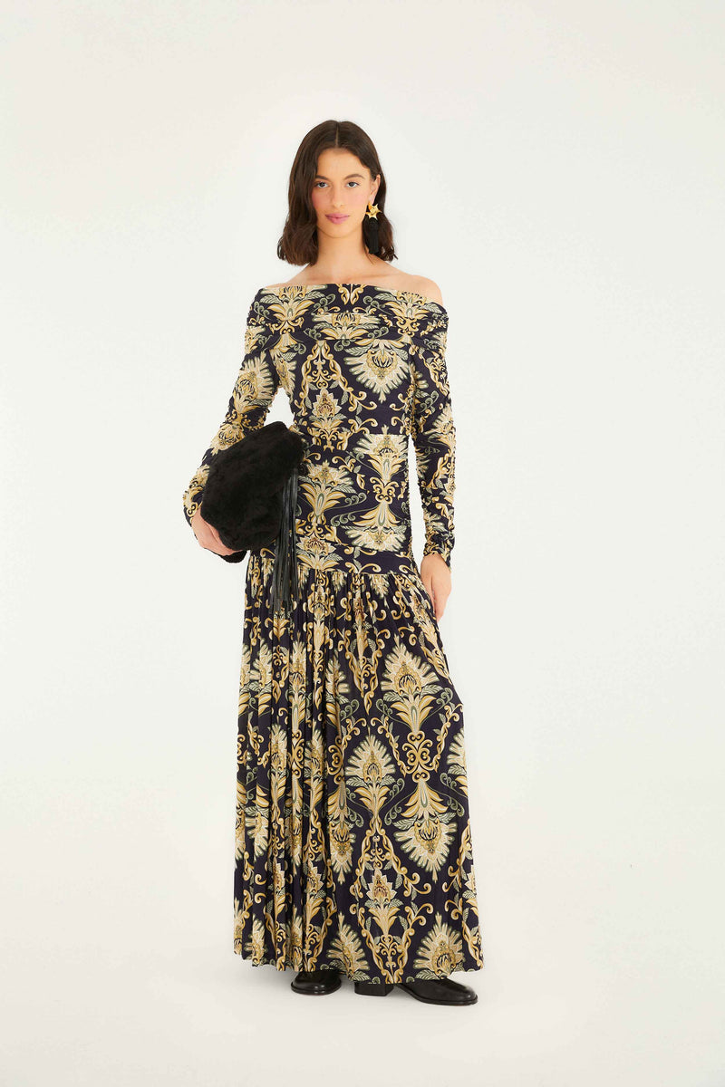 FARM RIO WONDERFUL ARABESQUE NAVY BLUE OFF SHOULDER MAXI DRESS