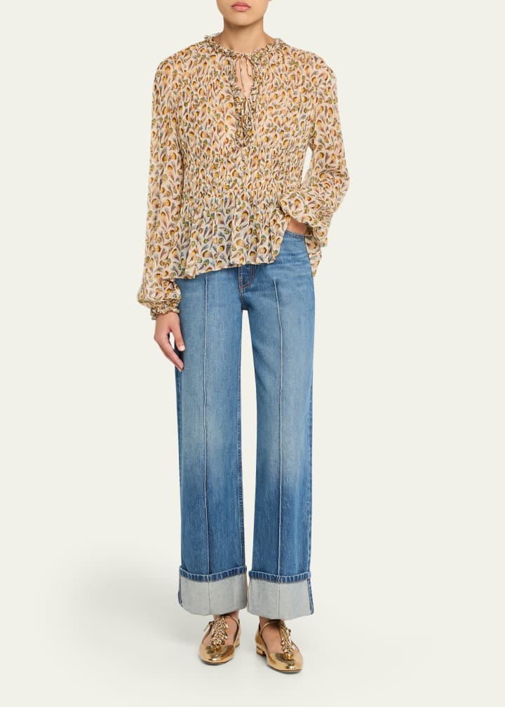 ULLA JOHNSON ROBBIE SILK LONG SLEEVE FRONT TIE BLOUSE