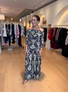 FARM RIO WONDERFUL ARABESQUE NAVY BLUE OFF SHOULDER MAXI DRESS